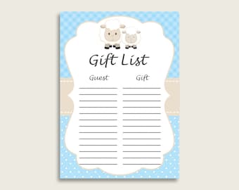 Little Lamb Baby Shower Gift List, Blue White Gift List Printable, Boy Baby Shower Gift Checklist Sheet, Instant Download, Lambie Wool fa001