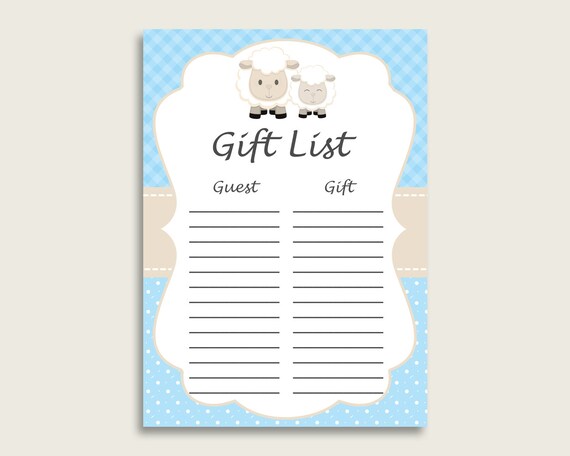 Little Lamb Baby Shower Gift List Blue White Gift List Printable Little Lamb Baby Shower Gift List Blue White Gift List Printable