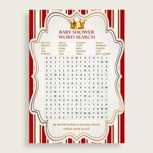 Word Search Baby Shower Word Search Prince Baby Shower Word Search Red Gold Baby Shower Prince Word Search party supplies printable 92EDX image 3