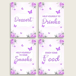 Puede incluir: Cuatro carteles imprimibles con dise&ntilde;os florales morados y mariposas. Los carteles dicen "Postre", "S&iacute;rvete bebidas", "S&iacute;rvete algunos bocadillos" y "Disfruta de la comida".