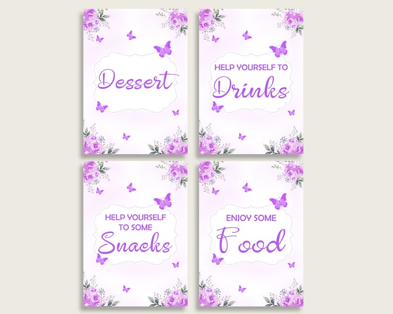 Puede incluir: Cuatro carteles imprimibles con dise&ntilde;os florales morados y mariposas. Los carteles dicen "Postre", "S&iacute;rvete bebidas", "S&iacute;rvete algunos bocadillos" y "Disfruta de la comida".