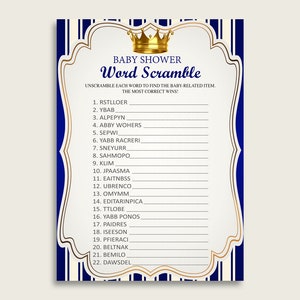 Boy Baby Shower Word Scramble Game Printable, Cute Royal Prince Blue Gold Word Scramble, Funny Activity, Instant Download, Royal Blue rp001
