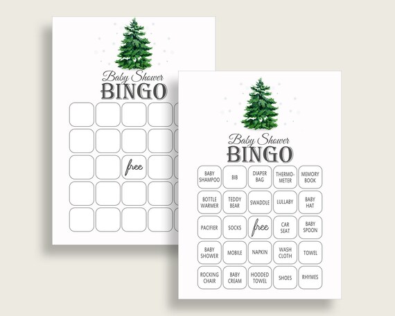Winter Tree Baby Shower Bingo Cards Printable, Green White Baby Shower Gender Neutral, 60 Prefilled Bingo Game Cards, Christmas cgr01 Il_570xn
