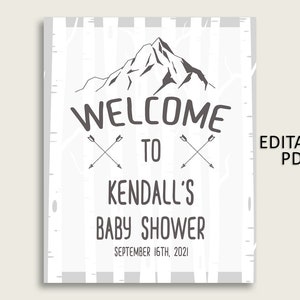 Gray White Adventure Mountain Baby Shower Welcome Sign Printable, Party Large Sign, Editable Welcome Sign Boy, Yard Sign, Instant S67CJ