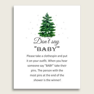 Verde blanco no digas bebé juego imprimible, género neutro baby shower invierno árbol juego signo, descarga instantánea, 8x10, tema nevado cgr01