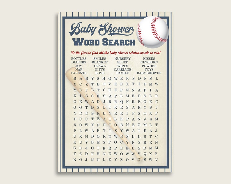 Baseball Word Search Game, Blue Beige Baby Shower Word Search Cards Printable, Boy Baby Shower Activities, Hidden Words, Instant YKN4H image 1