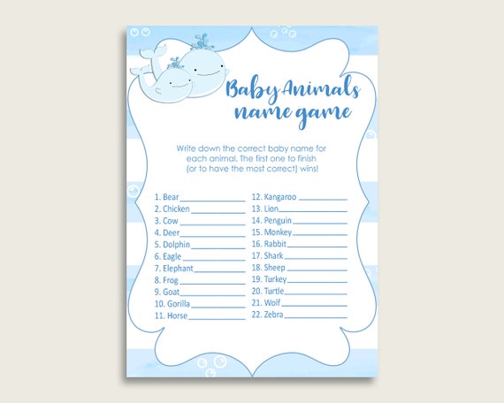 Whale Name The Baby Animals Game Printable, Blue White Baby Shower Animal Game, Boy Baby Shower, Instant Download, Watercolor Stripes, wbl01 Il_570xn