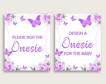 Purple White Please Sign The Onesie Sign and Design A Onesie Sign Printables, Butterfly Girl Baby Shower Decor, Instant Download, 7AANK