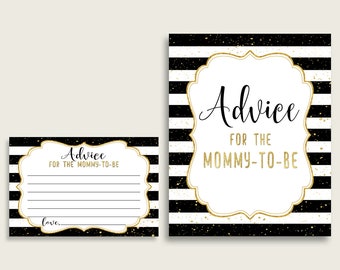 Stripes Advice For Mommy To Be Cards & Sign, stampabile Baby Shower Black Gold Consigli per i nuovi genitori, Download istantaneo, Glam Gold bs001