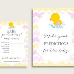 Rubber Ducky Baby Shower Prediction Cards & Sign Printable, Yellow Pink Baby Prediction Game Girl, Instant Download, Rubber Duck rd001 image 1