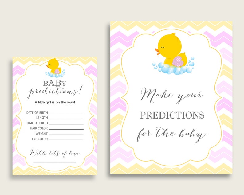 Rubber Ducky Baby Shower Prediction Cards & Sign Printable, Yellow Pink Baby Prediction Game Girl, Instant Download, Rubber Duck rd001 image 1