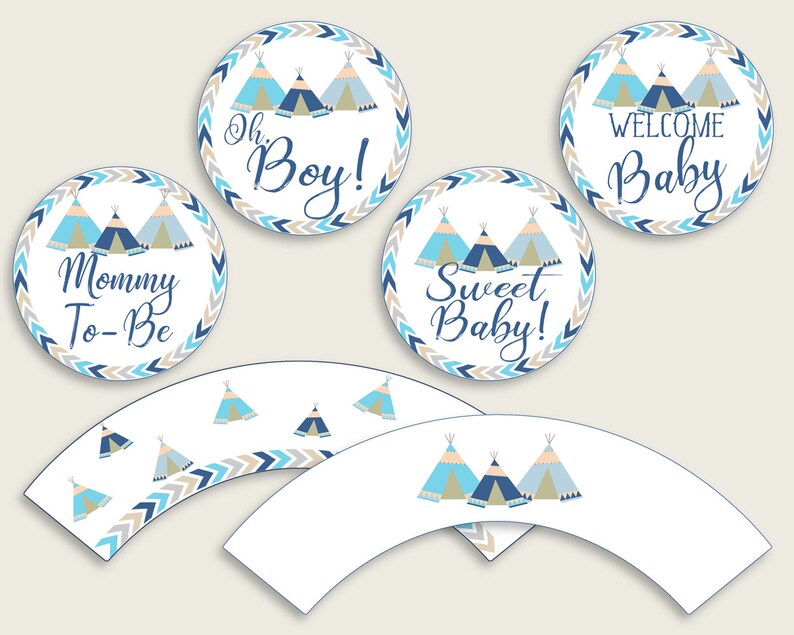 Tribal Teepee Cupcake Toppers, Blue Beige Cupcake Wrappers, Toppers Wrappers Baby Shower Boy, Instant Download, Boho Style Navy Blue KS6AW image 1