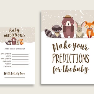Tarjetas de predicción de baby shower de Winter Woodland y letreros imprimibles, juego de predicción de bebé marrón beige género neutro, descarga instantánea RM4SN