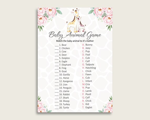Giraffe Name The Baby Animals Game Printable, Pink Yellow Baby Shower Animal Game, Girl Baby Shower, Instant Download, Zarafa Jungle, sa001 Il_570xn