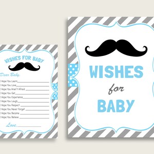 Blau Grau Wünsche für Baby Karten & Zeichen, Schnurrbart Baby Shower Junge gute Wünsche Spiel druckbare, Sofort Download, kleiner Mann ist unterwegs 9P2QW