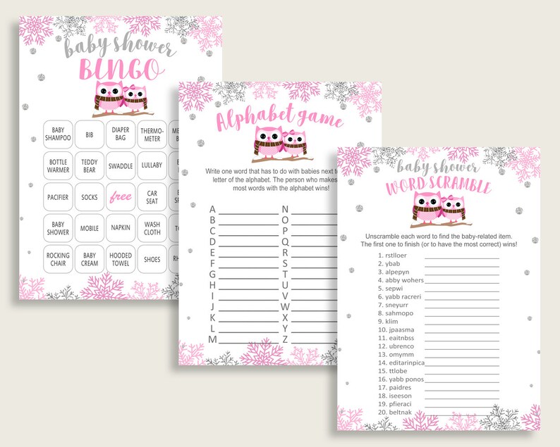 Winter Owl Baby Shower Games Printable Pack Pink Gray Baby - Etsy