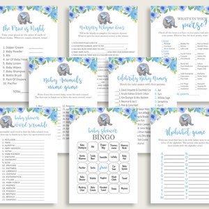 Elephant Blue Baby Shower Games Printable Pack, Blue Gray Baby Shower Games Package Boy, Elephant Blue Games Bundle Set, Instant ebl01