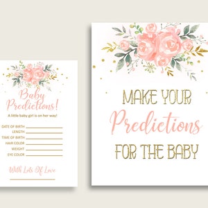 Cartes de prédiction de douche de bébé Floral pêche & signe imprimable, rose or bébé jeu de prédiction fille, téléchargement immédiat, Blush rose Bouquet 1W00B