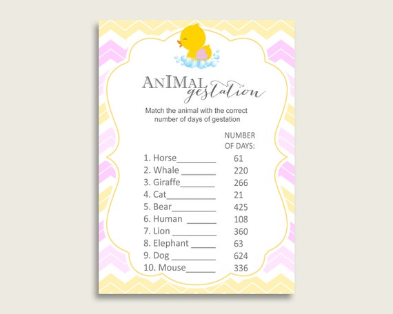 Rubber Ducky Animal Pregnancy Gestation Game, Yellow Pink Baby Shower ...