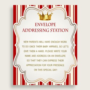 Envelope de endereçamento para chá de bebê, envelope de endereçamento para chá de bebê de príncipe, envelope dourado vermelho para chá de bebê, envelope de príncipe 92edx