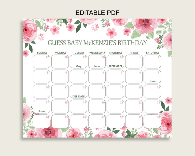 Pink Green Guess Baby Due Date Calendar Game Printable Etsy