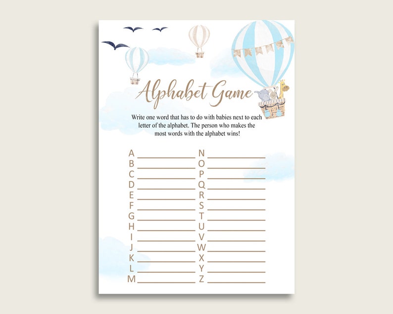 Blue White Alphabet Baby Shower Boy Game, Hot Air Balloon A-Z Guessing Baby Game Printable, ABC's Baby Item Name Game, Instant CSXIS image 1