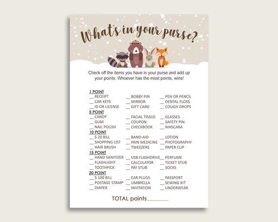 Winter Woodland What's In Your Purse Game Printable, Beige Brown Whats In Your Purse, Gender Neutral Baby Shower Purse Game, Instant RM4SN Il_570xn