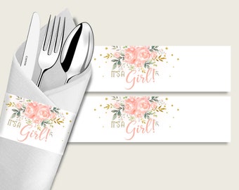 Peach Floral Baby Shower Napkin Rings Printable, Pink Gold Napkin Wrappers, Girl Shower Utensils Wrap, Instant Download, 1W00B