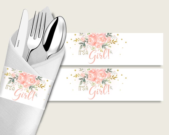 Peach Floral Baby Shower Napkin Rings Printable, Pink Gold Napkin Wrappers, Girl Shower Utensils Wrap, Instant Download, 1W00B Il_570xn
