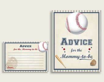 Consejos de béisbol para que mamá sea tarjetas y letreros, Baby Shower imprimible Consejos azul beige para nuevos padres, descarga instantánea, Little YKN4H