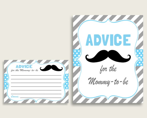 Mustache Advice For Mommy To Be Cards & Sign, Printable Baby Shower Blue Gray Advice For New Parents, Instant Download, Black Stache 9P2QW Il_570xn
