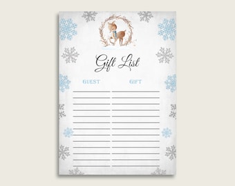 Winter Deer Baby Shower Gift List, Gray Blue Gift List Printable, Boy Baby Shower Gift Checklist Sheet, Instant Download, Snowflakes Z20R3