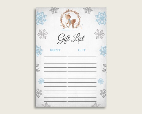 Winter Deer Baby Shower Gift List, Gray Blue Gift List Printable, Boy Baby Shower Gift Checklist Sheet, Instant Download, Snowflakes Z20R3 Il_570xn