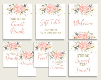 Melocotón Floral Baby Shower Girl Table Signs Imprimible, Pink Gold Party Table Decor, Favors, Comida, Bebida, Golosina, Libro de Visitas, Instantáneo 1W00B