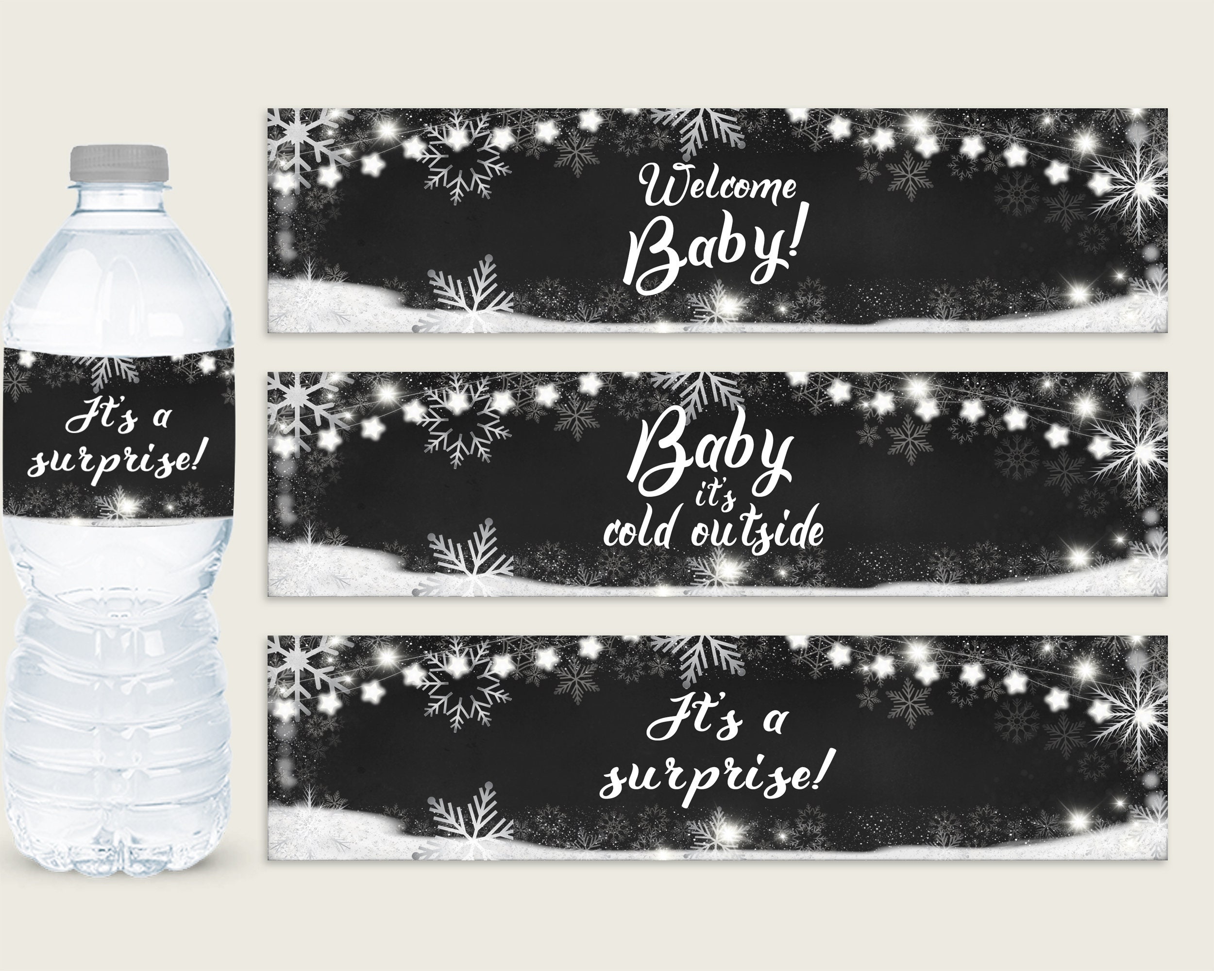 Black White Water Bottle Labels Printable, Chalkboard Winter Water Bottle Wraps, Chalkboard Winter Baby Shower Gender Neutral Bottle X9XXW