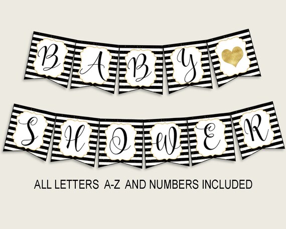 Stripes Baby Shower Banner All Letters, Birthday Party Banner Printable A-Z, Black Gold Banner Decoration Letters Gender Neutral, bs001 Il_570xn