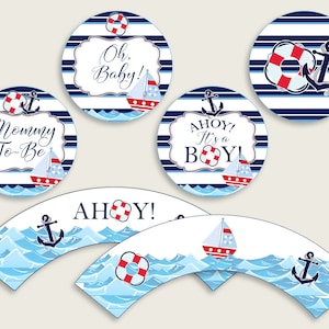 Nautical Cupcake Toppers, Blue Red Cupcake Wrappers, Toppers Wrappers Baby Shower Boy, Instant Download, Navy Blue Sailor Sailboat DHTQT