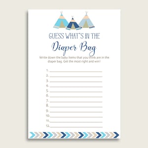 Tribal Teepee Guess What&#39;s In The Diaper Bag Game, Boy Baby Shower Blue Beige Diaper Game Printable, Instant Download, Navy Blue, KS6AW
