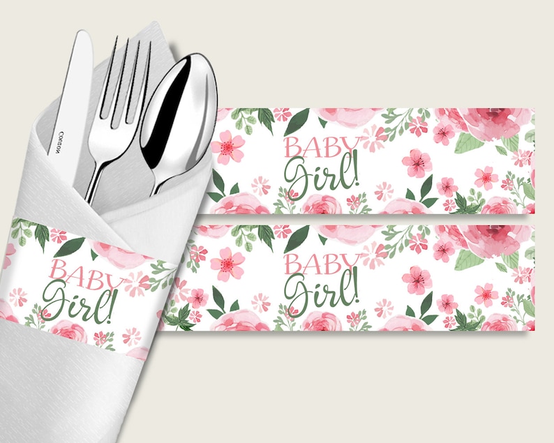 Flores de acuarela Baby Shower Servilleteros Imprimibles, Envoltorios de Servilletas Verdes Rosas, Envoltura de Utensilios de Ducha para Niñas, Descarga Instantánea, Floral flp01 imagen 1