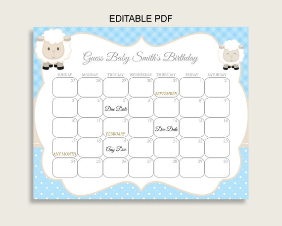 Blue White Guess Baby Due Date Calendar Game Printable, Little Lamb ...