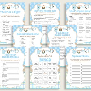 Clothes Baby Shower Games Printable Pack, Blue Beige Baby Shower Games Package Boy, Clothes Games Bundle Set, Instant Download, bc001
