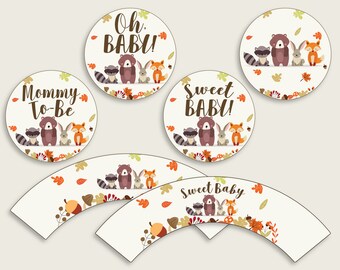 Woodland Cupcake Toppers, Brown Beige Cupcake Wrappers, Toppers Wrappers Baby Shower Gender Neutral, Instant Download, Popular w0001