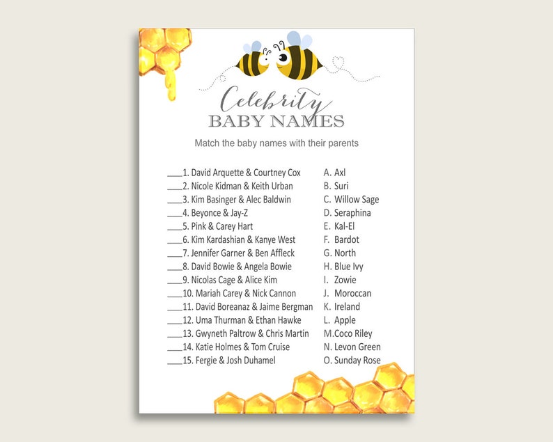 Bee Baby Shower Gender Neutral Name Game Printable Famous Babies Game bee01 Yellow White Celebrity Baby Names Celebrity Match Game