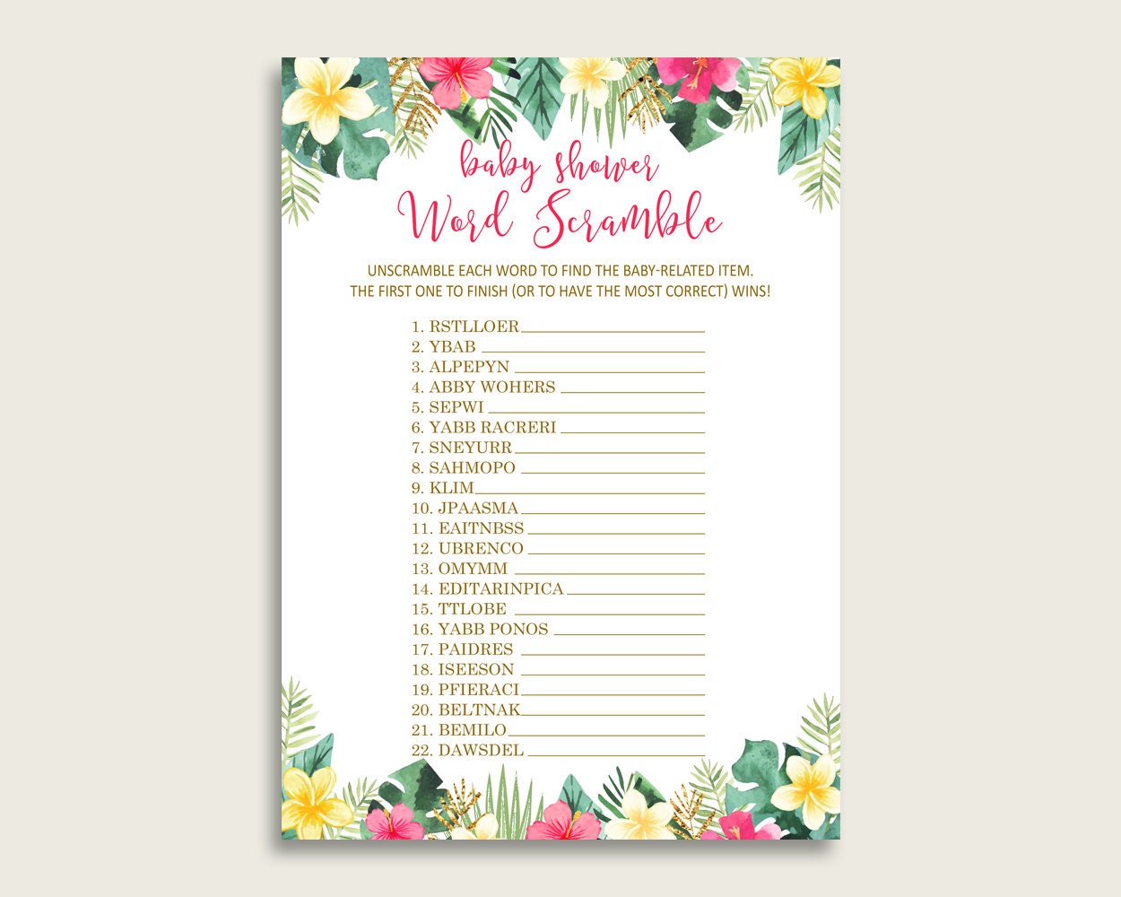 Word Scramble Baby Shower Word Scramble Hawaiian Baby Shower Word Scramble  Baby Shower Hawaiian Word Scramble Pink Green Palm Leaves 955MG, image size:1250x1000