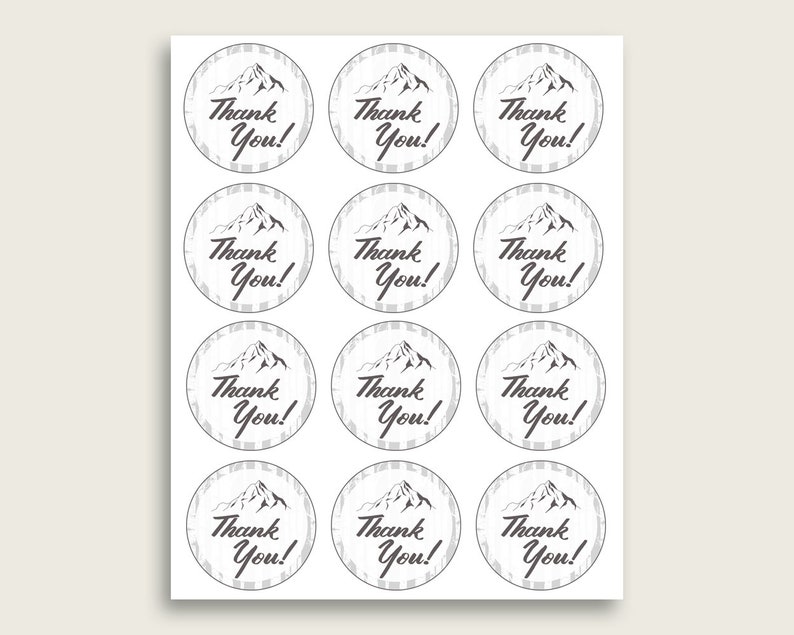 Adventure Mountain Baby Shower Round Thank You Tags 2 inch Printable, Gray White Favor Gift Tags, Boy Shower Hang Tags Labels, Digital S67CJ image 2