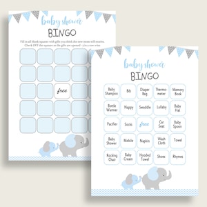 Elephant Baby Shower Bingo Cards Printable, Blue Grey Baby Shower Boy, 60 Prefilled Bingo Game Cards, Most Popular Mammoth Trunk ebl02 image 1
