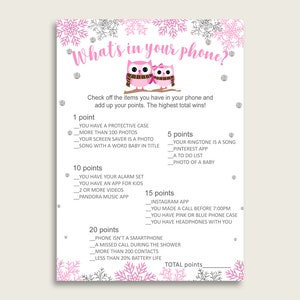 Pink Gray What&#39;s In Your Phone Game, Winter Owl Baby Shower Girl, What&#39;s In Your Cell Phone Printable, Instant Download, Snow Owls owt01
