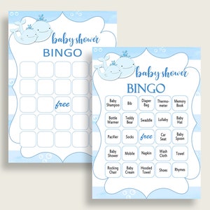Whale Baby Shower Bingo Cards Printable, Blue White Baby Shower Boy, 60 Prefilled Bingo Game Cards, Nautical Sea Summer Popular Theme wbl01 image 1