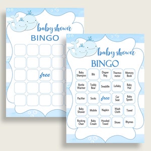 Whale Baby Shower Bingo Cards Printable, Blue White Baby Shower Boy, 60 Prefilled Bingo Game Cards, Nautical Sea Summer Popular Theme wbl01