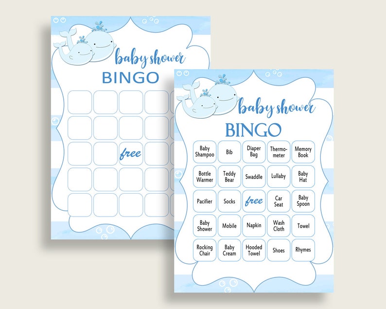 Whale Baby Shower Bingo Cards Printable, Blue White Baby Shower Boy, 60 Prefilled Bingo Game Cards, Nautical Sea Summer Popular Theme wbl01 image 1